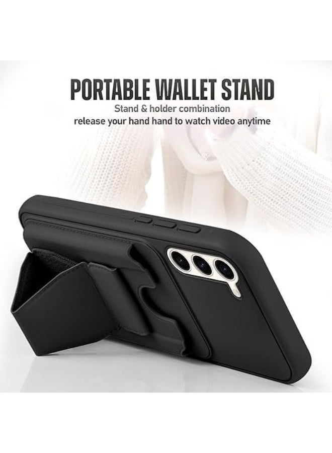 جراب محفظة جلدي متوافق مع هاتف سامسونج جالاكسي S25 FE، غطاء خلفي من الجلد مع إطار من مادة TPU، جراب هاتف واقٍ مقاوم للصدمات مع حامل للبطاقات (أسود) - Image 2